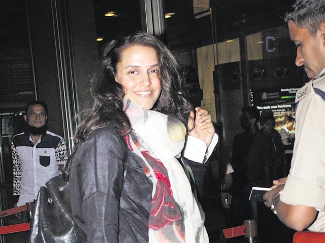 Neha Dhupia spotted at Mumbai airport. (Photo: Shakti yadav/HT) 