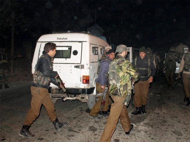 CRPF personnel and Special Operation Group (SOG) of police inspecting near the encounter site at Pampore where two militants were killed in a brief exchange of fire with Security forces in South Kashmir district of Pulwama on Tuesday.(PTI) CRPF personnel and Special Operation Group (SOG) of police inspecting near the encounter site at Pampore where two militants were killed in a brief exchange of fire with Security forces in South Kashmir district of Pulwama on Tuesday.(PTI)
