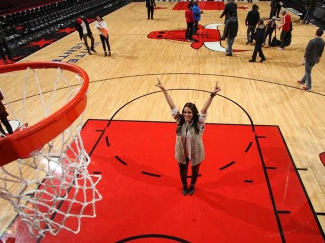 Neha Dhupia is can’t to hide her excitement at the NBA Chicago Bull’s court. 