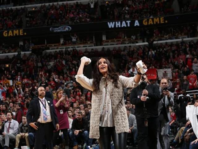 Neha Dhupia during an NBA game between the Indiana Pacers and the Chicago Bulls. 