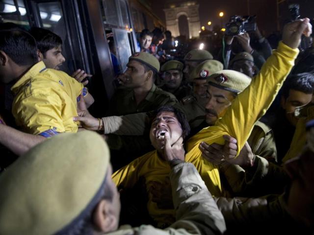 A man shouts slogans as he is detained by police during a protest against the release of a juvenile convicted in the fatal 2012 gang rape that shook the country in New Delhi, India. (AP) A man shouts slogans as he is detained by police during a protest against the release of a juvenile convicted in the fatal 2012 gang rape that shook the country in New Delhi, India. (AP)