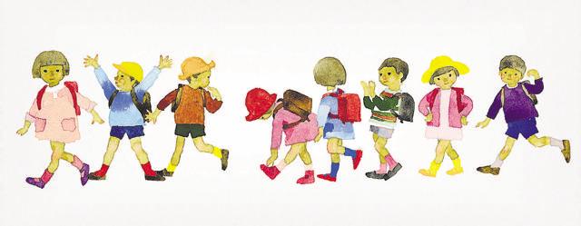 First graders with satchels walking in single file, 1966, Chihiro Iwasaki . (Saumya Khandelwal / HT &amp; The Japan Foundation)