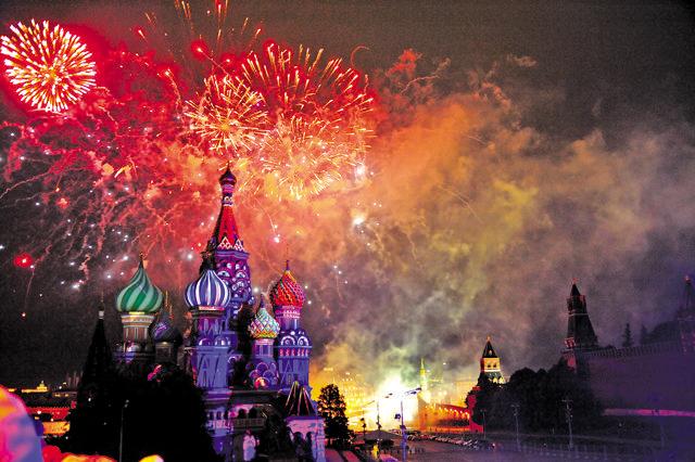 Fireworks over St Basil’s Cathedral in Moscow at the end of the Annual Festival of Military Bands.