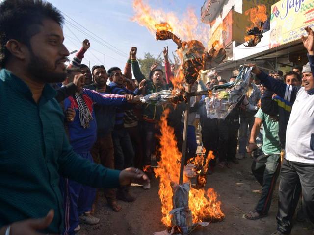 In Pathankot town, residents protest against Pakistan following the terror attack. (AFP Photo)