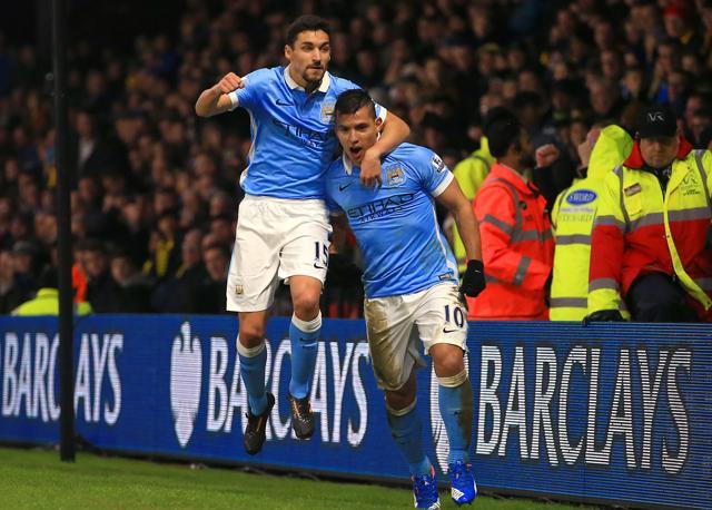 Manchester City's Sergio Aguero, right, celebrates scoring against Watford with teammate Jesus Navas during the English Premier League soccer match at Vicarage Road. (AP Photo) Manchester City's Sergio Aguero, right, celebrates scoring against Watford with teammate Jesus Navas during the English Premier League soccer match at Vicarage Road. (AP Photo)