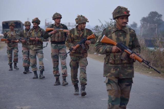 Indian Army personnel patrol near the air force base in Pathankot. (AFP)