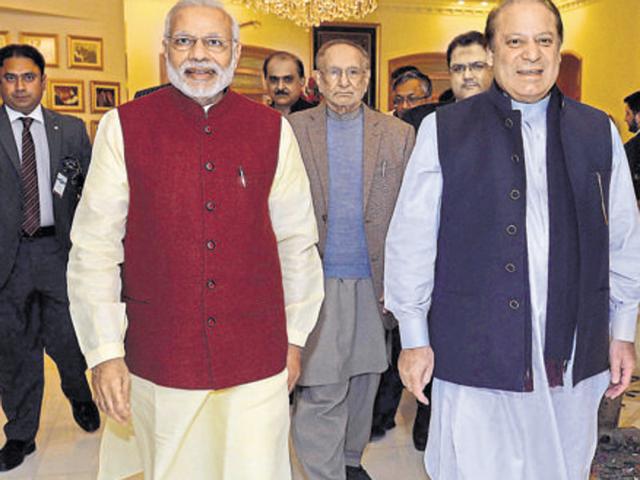 Prime Minister Narendra Modi meeting the Prime Minister of Pakistan, Mr. Nawaz Sharif, at Lahore, Pakistan on December 25, 2015. In the wake of the attack on Pathankot airbase, India may reschedule talks with Pakistan which are likely to be held in January, 2016.(PIB Photo)