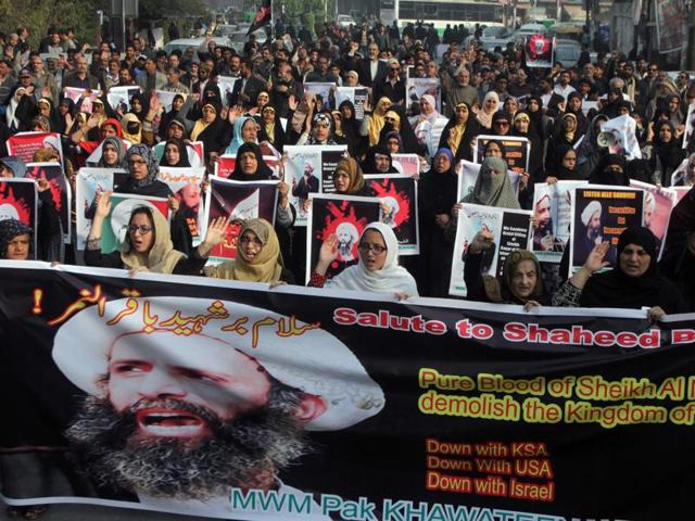 Shia Muslims take part in a rally to condemn the execution of Saudi Shia cleric Sheikh Nimr al-Nimr, in Lahore, Pakistan. (AP Photo) Shia Muslims take part in a rally to condemn the execution of Saudi Shia cleric Sheikh Nimr al-Nimr, in Lahore, Pakistan. (AP Photo)