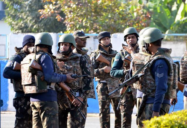 Security personnel inside the Pathankot air force base after the military operation against terrorists ended on Tuesday. (Sameer Sehgal/HT) Security personnel inside the Pathankot air force base after the military operation against terrorists ended on Tuesday. (Sameer Sehgal/HT)