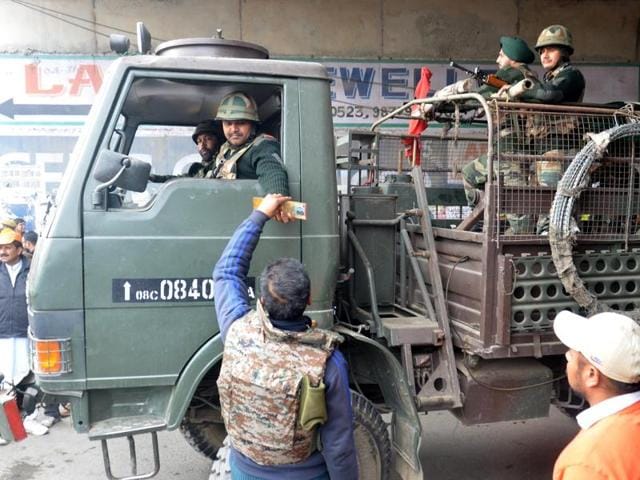 Indian Air Force jawans getting their IDs checked before entering the air base in Pathankot on Monday, January 5, 2016.(Sameer Sehgal / HT Photo) Indian Air Force jawans getting their IDs checked before entering the air base in Pathankot on Monday, January 5, 2016.(Sameer Sehgal / HT Photo)