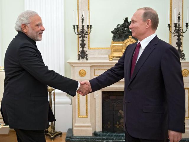 Russian President Vladimir Putin greets Prime Minister Narendra Modi during their meeting in the Kremlin in Moscow in December. Even though New Delhi has widened its foreign policy horizons, Moscow still remains a strategic and reliable partner.(AP File Photo) Russian President Vladimir Putin greets Prime Minister Narendra Modi during their meeting in the Kremlin in Moscow in December. Even though New Delhi has widened its foreign policy horizons, Moscow still remains a strategic and reliable partner.(AP File Photo)