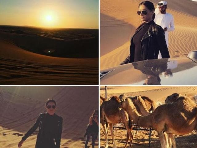 Dune diva: Turtle neck sweater — check! Leather jacket — check! Aviators — check! We believe Nargis couldn’t have got it better for her desert safari in Dubai. She pulled out all the stops in this dune adventure look and nailed it too.  (Instagram) 