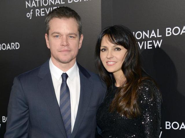 Matt Damon and his wife Luciana Barroso pose for the photographers at the National Board of Review Awards gala in New York. (AP) 