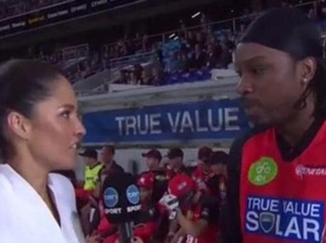 Chris Gayle asked out Channel 10 presenter Mel McLaughlin for a drink, adding “don’t blush, baby” during an awkward pause in the interview.(Picture courtesy: YouTube)