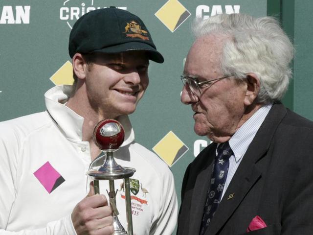 Australia's test cricket captain Steve Smith holds the Frank Worrell trophy among team mates. (Reuters Photo) Australia's test cricket captain Steve Smith holds the Frank Worrell trophy among team mates. (Reuters Photo)