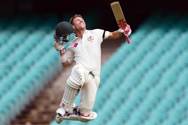 David Warner with his now traditioanl leap-in-the-air celebration of a century. (AFP Photo) David Warner with his now traditioanl leap-in-the-air celebration of a century. (AFP Photo)