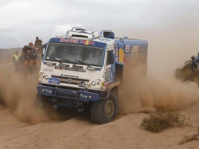 Kamaz truck drivers Eduard Nikolae, Evgeny Yakovlev and Vladimir Rybakov, of Russia, race during the fifth stage of the Dakar Rally. (AP Photo)