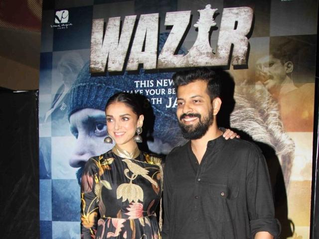 Director Bejoy Nambiar and Aditi Rao Hydari during the special screening of Wazir.  (IANS) 