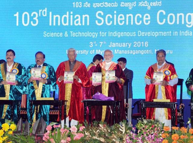 Prime Minister Narendra Modi at the inauguration of 103rd Indian Science Congress programme at University of Mysore in Mysore. (PTI) Prime Minister Narendra Modi at the inauguration of 103rd Indian Science Congress programme at University of Mysore in Mysore. (PTI)