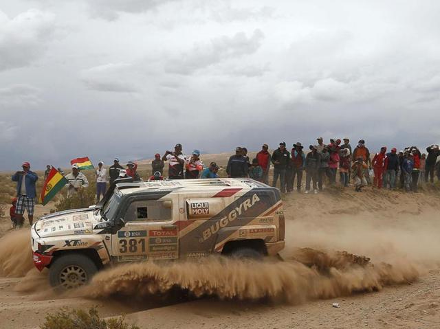 Hummer driver Tomas Ourednicek and co-driver Pavel Vaculik, both from Czech Republic, take part in the Dakar Rally. (AP Photo)