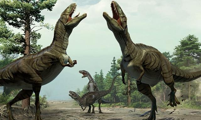 This illustration shows theropods engaged in scrape ceremony display activity, based on trace fossil evidence from Colorado. (AP)