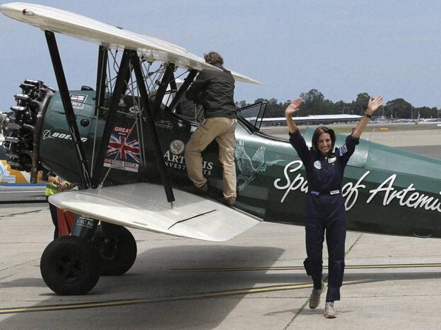 The 53 year-old aviator set out fro m Britain in October 2015 to recreate Amy Johnson's 1930 flight from Britain to Australia, about 21,000-km solo flight in a vintage open cockpit biplane fling across 23 countries. (AP) The 53 year-old aviator set out fro m Britain in October 2015 to recreate Amy Johnson's 1930 flight from Britain to Australia, about 21,000-km solo flight in a vintage open cockpit biplane fling across 23 countries. (AP)