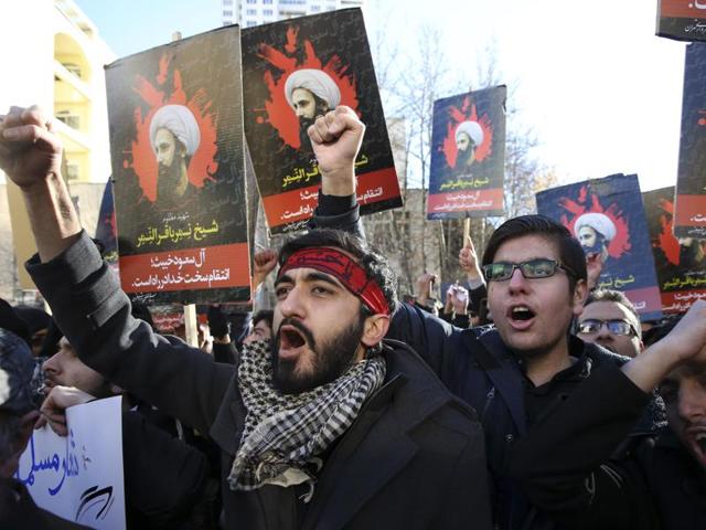 Iranian demonstrators chant slogans during a protest denouncing the execution of Sheikh Nimr al-Nimr by Saudi Arabia, which has highlighted the divisions in the Muslim world.(AP Photo) Iranian demonstrators chant slogans during a protest denouncing the execution of Sheikh Nimr al-Nimr by Saudi Arabia, which has highlighted the divisions in the Muslim world.(AP Photo)