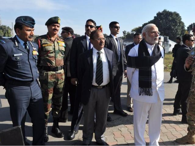 Prime Minister Narendra Modi visits an Indian Air Force base in Punjab’s Pathankot to take stock of the ground reality in the wake of an attack on the strategic facility.(Source: PMO India) Prime Minister Narendra Modi visits an Indian Air Force base in Punjab’s Pathankot to take stock of the ground reality in the wake of an attack on the strategic facility.(Source: PMO India)