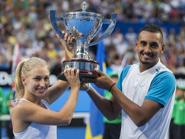 Daria Gavrilova and Nick Kyrgios of Australia hold the Hopman Cup after winning the 2016 tournament against Ukraine in Perth. (REUTERS) Daria Gavrilova and Nick Kyrgios of Australia hold the Hopman Cup after winning the 2016 tournament against Ukraine in Perth. (REUTERS)