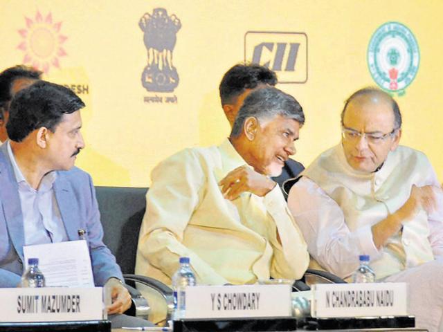 MoS (science & technology) YS Chowdary, Andhra chief minister N Chandrababu Naidu, finance minister Arun Jaitley and commerce minister Nirmala Sitharaman at Vizag on Sunday. (PTI) MoS (science & technology) YS Chowdary, Andhra chief minister N Chandrababu Naidu, finance minister Arun Jaitley and commerce minister Nirmala Sitharaman at Vizag on Sunday. (PTI)