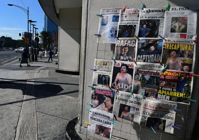 Newspapers in Mexico City show pictures of drug kingpin Joaquin "El Chapo" Guzman on their frontpages on January 9, 2016 a day after he was recaptured during a military operation in Los Mochis, Sinaloa State. (AFP Photo) Newspapers in Mexico City show pictures of drug kingpin Joaquin "El Chapo" Guzman on their frontpages on January 9, 2016 a day after he was recaptured during a military operation in Los Mochis, Sinaloa State. (AFP Photo)