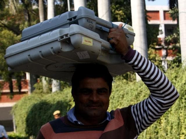 An official carrying the electronic voting machine a day before the polling in Rohtak on Saturday. (Manoj Dhaka /HT) An official carrying the electronic voting machine a day before the polling in Rohtak on Saturday. (Manoj Dhaka /HT)