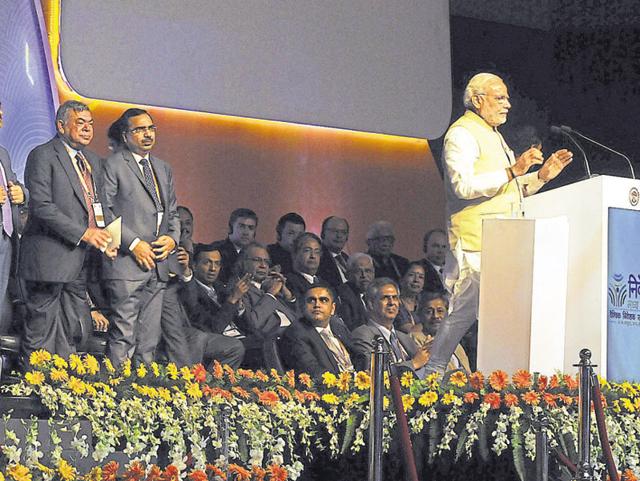 Industrialists watch as Prime Minister Narendra Modi addresses an investors’ forum.(Arun Mondhe/ HT File)