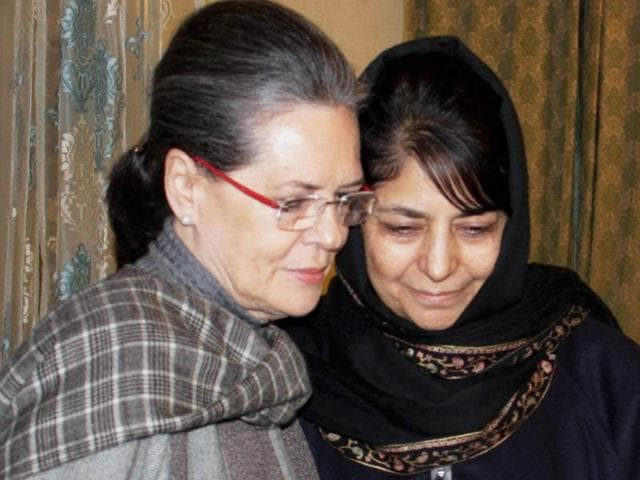 Congress president Sonia Gandhi hugs Peoples Democratic Party (PDP) chief Mehbooba Mufti Sayeed during her visit Jammu and Kashmir after the demise of chief minister Mufti Mohammad Sayeed, in Srinagar. (PTI Photo) Congress president Sonia Gandhi hugs Peoples Democratic Party (PDP) chief Mehbooba Mufti Sayeed during her visit Jammu and Kashmir after the demise of chief minister Mufti Mohammad Sayeed, in Srinagar. (PTI Photo)