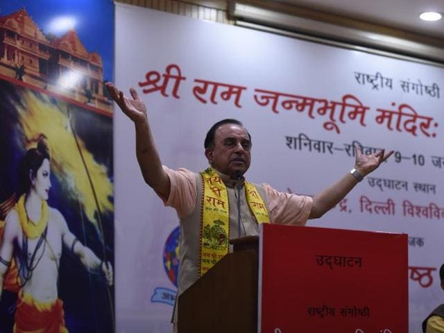 BJP leader Subramanian Swamy addresses a seminar on Ram Temple construction, at Delhi University. (Sonu Mehta/ Hindustan Times) BJP leader Subramanian Swamy addresses a seminar on Ram Temple construction, at Delhi University. (Sonu Mehta/ Hindustan Times)