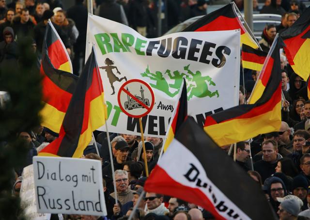 Supporters of anti-immigration right-wing movement PEGIDA (Patriotic Europeans Against the Islamisation of the West) take part in in demonstration march, in reaction to mass assaults on women on New Year's Eve in Cologne. (REUTERS) Supporters of anti-immigration right-wing movement PEGIDA (Patriotic Europeans Against the Islamisation of the West) take part in in demonstration march, in reaction to mass assaults on women on New Year's Eve in Cologne. (REUTERS)