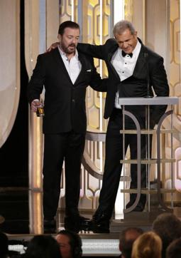 Gervais asked Mel Gibson a very provocative question. Only nobody was allowed to hear it, thanks all you bleepers. (AP) Gervais asked Mel Gibson a very provocative question. Only nobody was allowed to hear it, thanks all you bleepers. (AP)