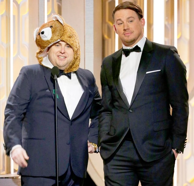 Jonah Hill gave a bizarre speech in a bizarre hat. Pity, we were not allowed to hear any of it.