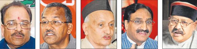 Ajay Bhatt, Trivendra Singh Rawat, BS Koshiyari, Ramesh Nishank and Satpal Maharaj. (HT photos) Ajay Bhatt, Trivendra Singh Rawat, BS Koshiyari, Ramesh Nishank and Satpal Maharaj. (HT photos)