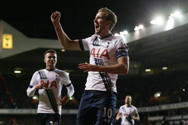 Tottenham’s Harry Kane celebrates after scoring a penalty to equalise during the English FA Cup match at White Hart Lane. (AP Photo)