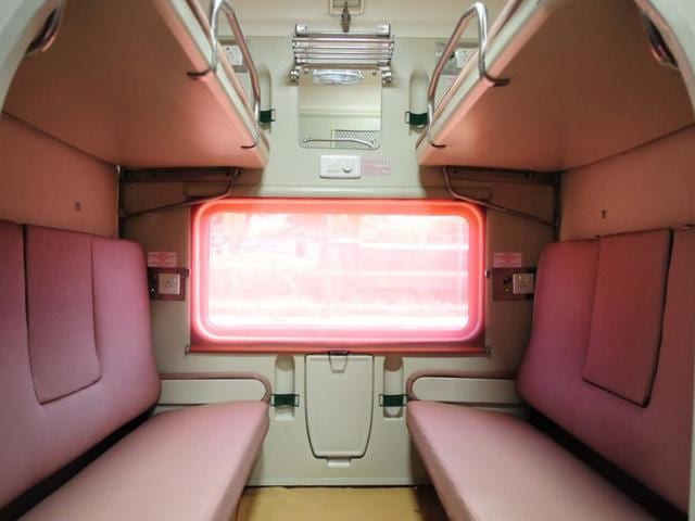 The project, launched by Indian Railways in 2011, includes newly-built model coaches which have LED reading lights, snacks table in side berths, spacious seats, fire extinguishers on both sides, a green toilet system and floors painted like a carpet. (Mujeeb Faruqui/HT Photo)