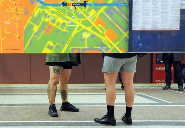 Two men in underpants, taking part in the "No Pants Subway Ride" event, wait for a train on a subway station in Warsaw, Poland. (AP Photo) Two men in underpants, taking part in the "No Pants Subway Ride" event, wait for a train on a subway station in Warsaw, Poland. (AP Photo)