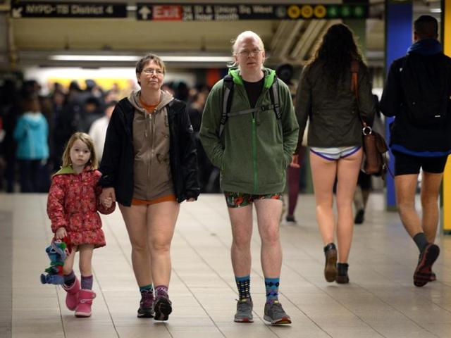 The goal is for riders ride the subway train dressed in normal winter clothes without pants while keeping a straight face. (AFP) The goal is for riders ride the subway train dressed in normal winter clothes without pants while keeping a straight face. (AFP)