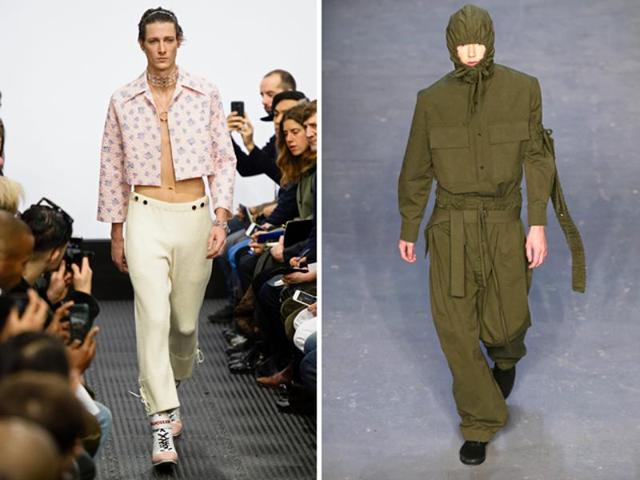 L: Jonathan Anderson brought a touch of fantasy to the men’s catwalk with an AW16 collection featuring cartoon prints. His new collection also has a strong urban vibe. R: The Craig Green AW16 show rocked a military theme with khaki greens, although beige, gray and black were also on the agenda. Cuts were functional and loose, sometimes adorned with leather patches. (AFP) L: Jonathan Anderson brought a touch of fantasy to the men’s catwalk with an AW16 collection featuring cartoon prints. His new collection also has a strong urban vibe. R: The Craig Green AW16 show rocked a military theme with khaki greens, although beige, gray and black were also on the agenda. Cuts were functional and loose, sometimes adorned with leather patches. (AFP)