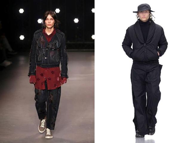 L: Grunge was back in a big way for the Topman Design AW16 show, with baggy cuts and oversized shaped previewed alongside more classic looks. R: Black proved a key theme at Nasir Mazhar’s AW16 show, with loose-cut military or sportswear-inspired pieces shown alongside some much more minimalist ensembles. (AFP) L: Grunge was back in a big way for the Topman Design AW16 show, with baggy cuts and oversized shaped previewed alongside more classic looks. R: Black proved a key theme at Nasir Mazhar’s AW16 show, with loose-cut military or sportswear-inspired pieces shown alongside some much more minimalist ensembles. (AFP)