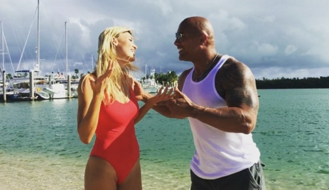 This generation’s Baywatch: Kelly Rohrbach and Dwayne Johnson recreate the magic. (Instagram)