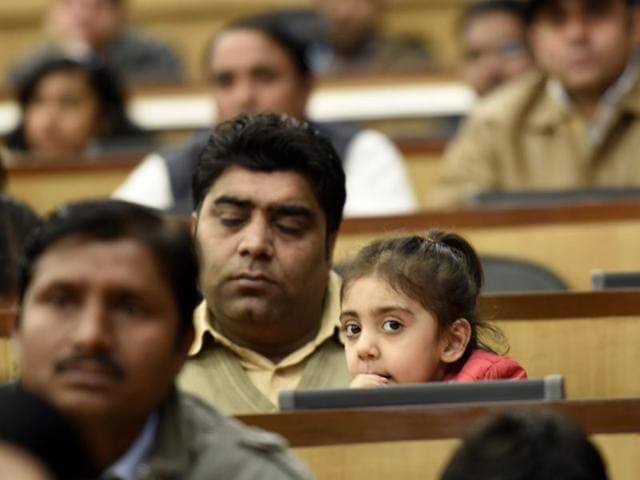 Parents along with their children interact with chief minister of Delhi Arvind Kejriwal on Nursery admissions at NDMC convention centre in New Delhi. (Arvind Yadav/ HT file photo) Parents along with their children interact with chief minister of Delhi Arvind Kejriwal on Nursery admissions at NDMC convention centre in New Delhi. (Arvind Yadav/ HT file photo)