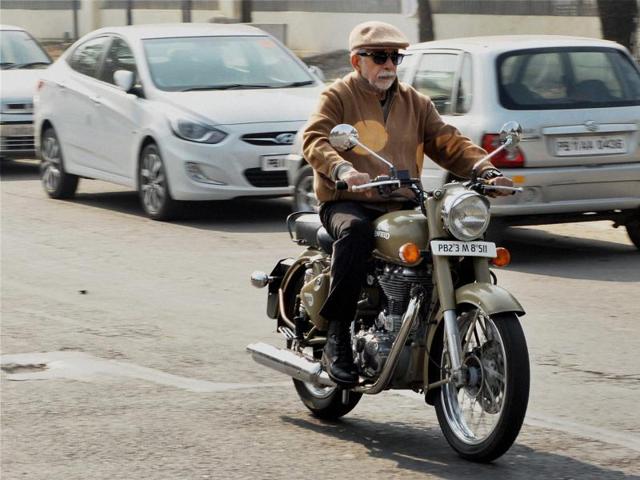 Naseeruddin Shah rides a Bullet motorcycle during shooting of upcoming film Irada in Patiala on Tuesday.  (PTI) 