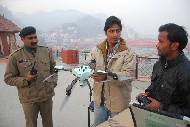 Air-borne drones are being used to oversee security at the Ardh Kumbh Mela. (Vinay Santosh Kumar/HT photo)