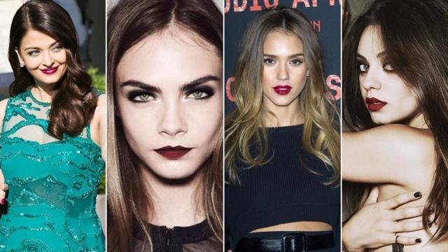 L to R: Aishwarya Rai Bachchan, Cara Delevingne, Jessica Alba and Mila Kunis have all used dark lips to introduced instant drama to their look. (Pinterest) L to R: Aishwarya Rai Bachchan, Cara Delevingne, Jessica Alba and Mila Kunis have all used dark lips to introduced instant drama to their look. (Pinterest)